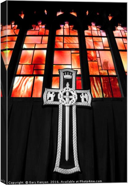 Cross in the Fire Window At Manchester Cathedral Canvas Print by Gary Kenyon