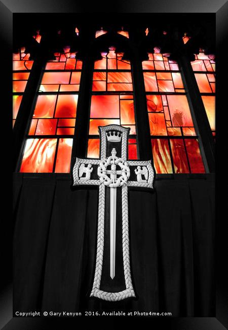 Cross in the Fire Window At Manchester Cathedral Framed Print by Gary Kenyon