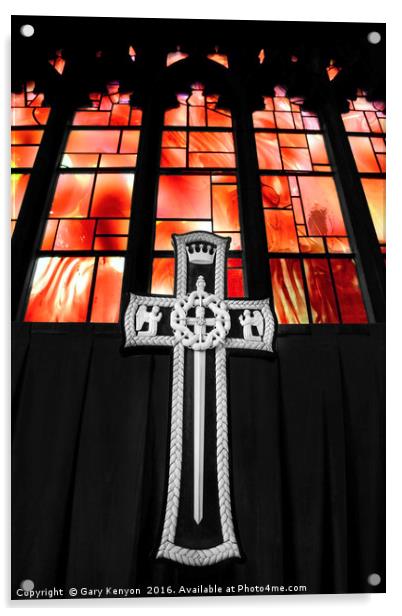 Cross in the Fire Window At Manchester Cathedral Acrylic by Gary Kenyon