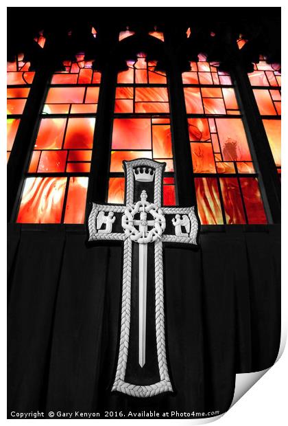 Cross in the Fire Window At Manchester Cathedral Print by Gary Kenyon
