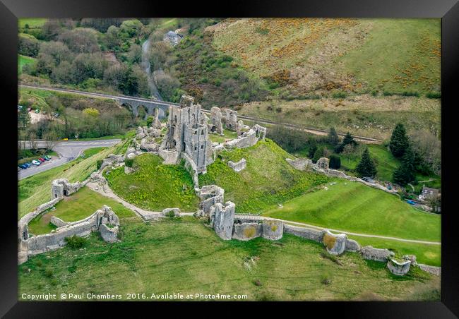 Corfe Castle Aeriel View Framed Print by Paul Chambers
