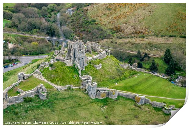 Corfe Castle Aeriel View Print by Paul Chambers