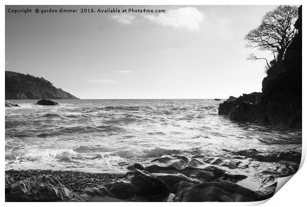 A black and white image of Castle Cove near Dartmo Print by Gordon Dimmer