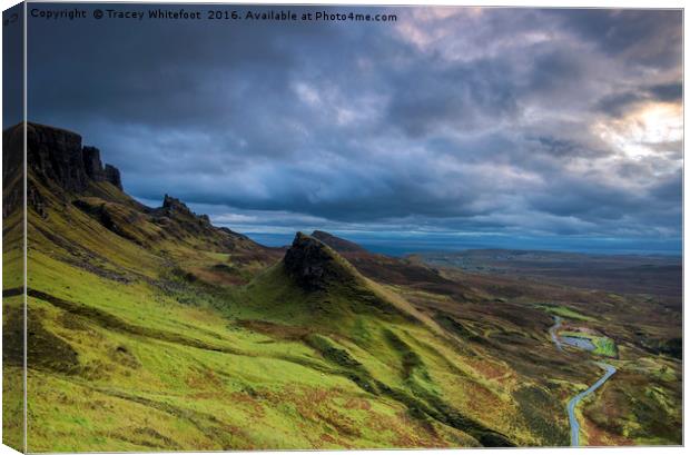 Moody Morning at the Quiraing Canvas Print by Tracey Whitefoot