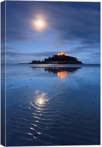 Moonlight Reflections (Marazion Beach) Canvas Print by Andrew Ray