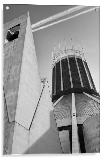 LIVERPOOL CATHOLIC CATHEDRAL BLACK AND WHITE Acrylic by John Hickey-Fry