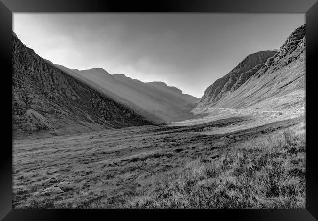Afternoon sun rays in Bealach na Ba black and whit Framed Print by Gary Eason