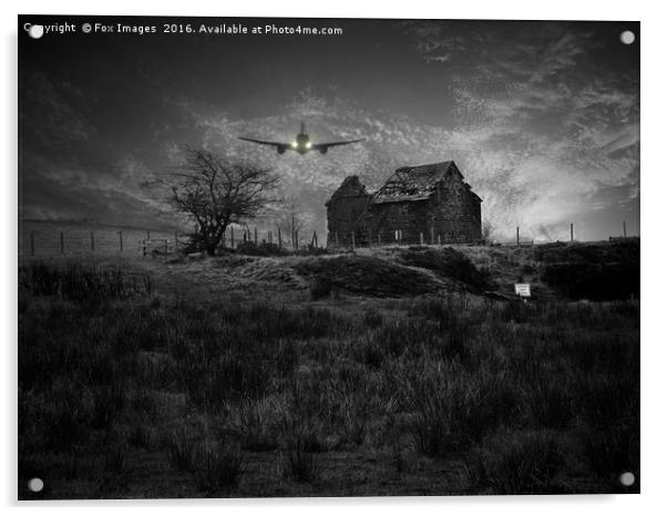 plane over old ruin Acrylic by Derrick Fox Lomax