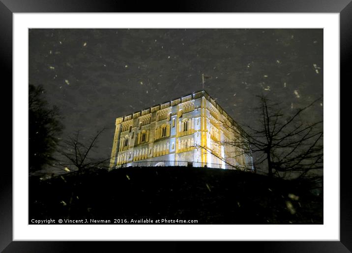 Snowy Night At Norwich Castle Museum, England Framed Mounted Print by Vincent J. Newman
