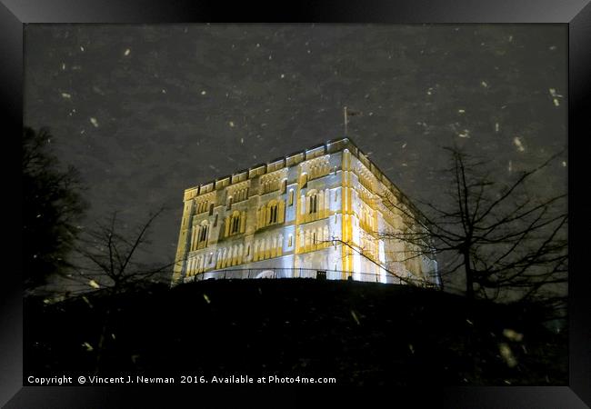 Snowy Night At Norwich Castle Museum, England Framed Print by Vincent J. Newman