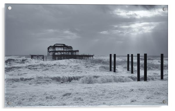 West Pier, Brighton, Storms, Rough Sea Acrylic by Sue MacCallum- Stewart