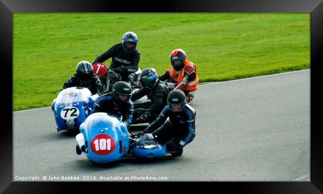 Racing sidecar at Snetterton racetrack  Framed Print by John Boekee