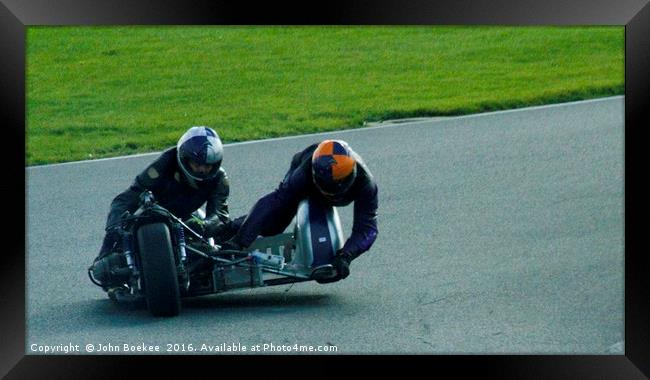 Racing sidecar at Snetterton racetrack  Framed Print by John Boekee