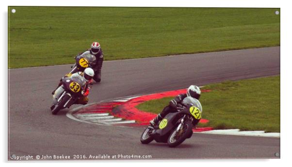 Racing bikes at Snetterton racetrack  Acrylic by John Boekee