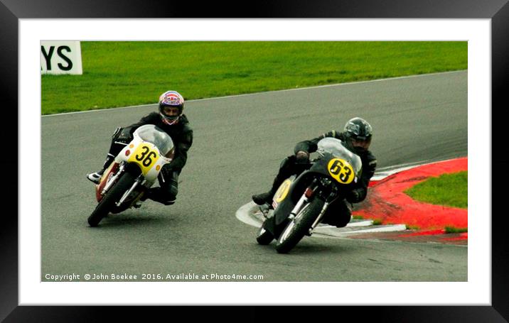 Racing bikes at Snetterton racetrack  Framed Mounted Print by John Boekee