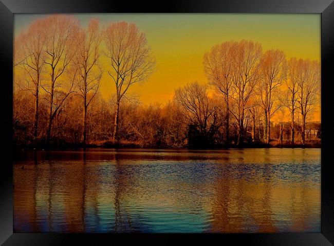 Trees across the lake, Autumn Colours              Framed Print by Sue Bottomley