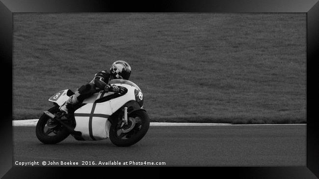 Racing bikes at Snetterton racetrack  Framed Print by John Boekee