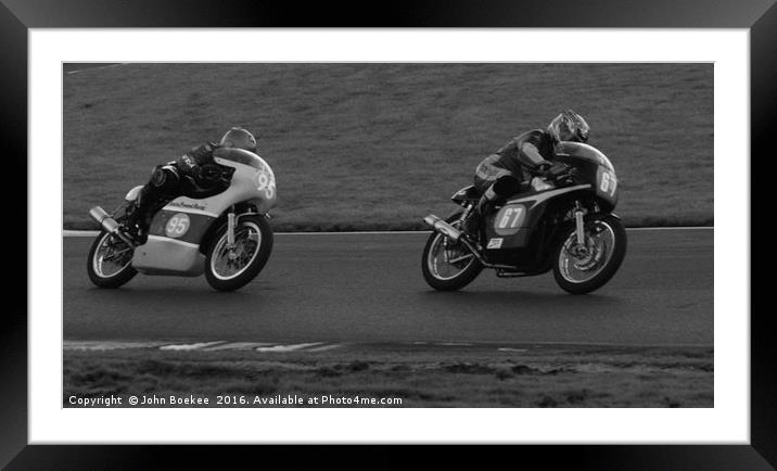 Racing bikes at Snetterton racetrack  Framed Mounted Print by John Boekee