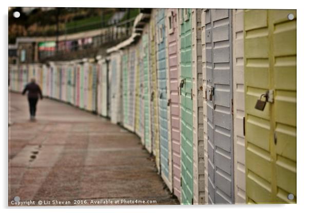 Iconic Pastel Beach Huts on ‪Lyme Regis‬ Seafront, Acrylic by Liz Shewan