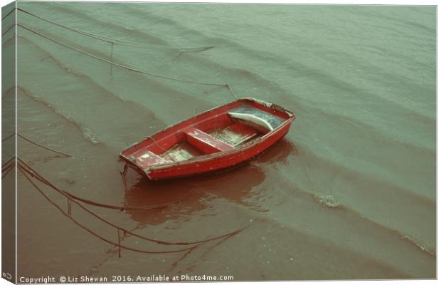 Red Boat on Rippling Seas ... Lyme Bay on the Jura Canvas Print by Liz Shewan