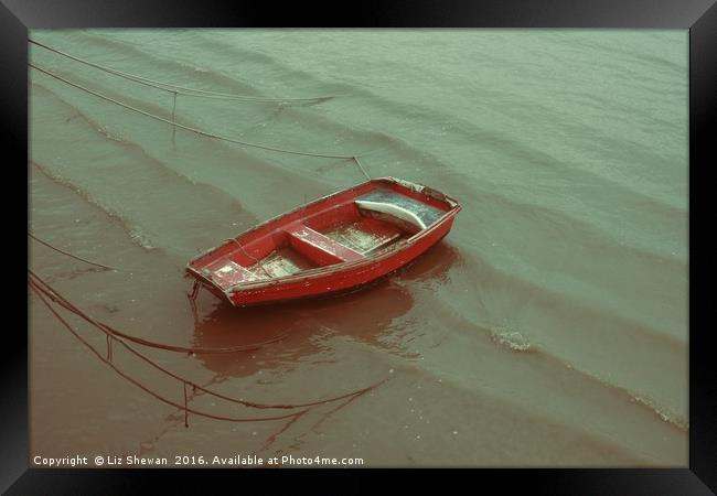 Red Boat on Rippling Seas ... Lyme Bay on the Jura Framed Print by Liz Shewan