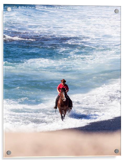 Horseman galloping through the surf.  Acrylic by Phil Crean