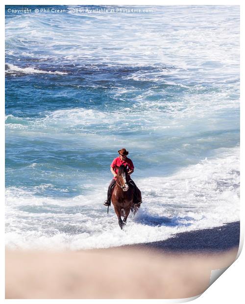 Horseman galloping through the surf.  Print by Phil Crean