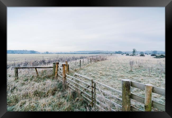 Rural field and gate covered in frost. Norfolk, UK Framed Print by Liam Grant