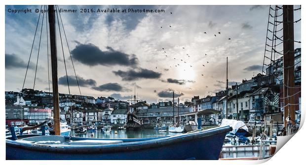 The Sun going down at Brixham Harbour Print by Gordon Dimmer