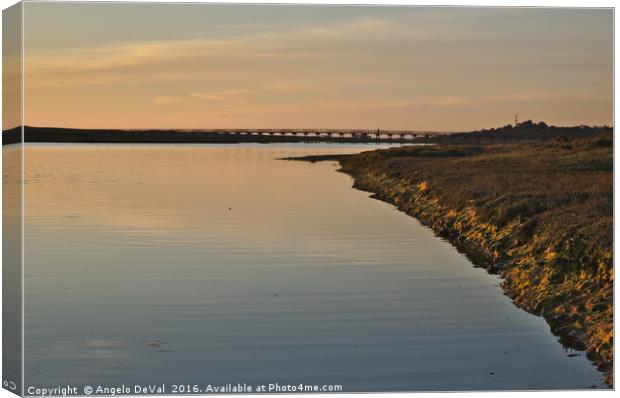 Bridge and Ria at sunset in Quinta do Lago Canvas Print by Angelo DeVal