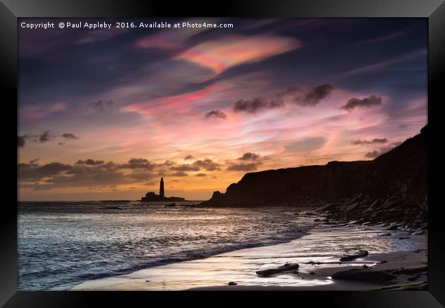IRIDESCENT CLOUDS OVER ST. MARY'S LIGHTHOUSE.  Framed Print by Paul Appleby