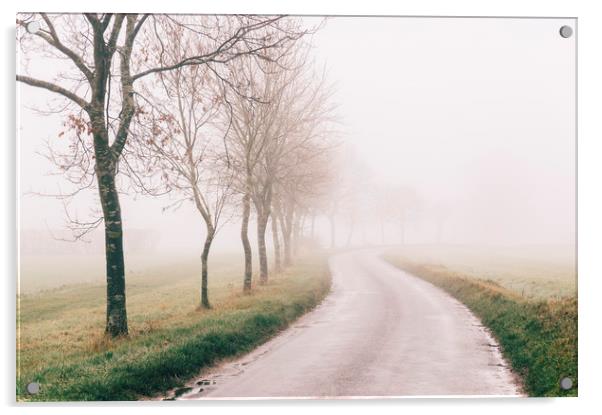 Rural tree lined road in fog. Norfolk, UK. Acrylic by Liam Grant