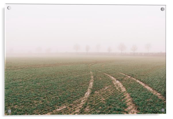 Tracks and trees in fog. Norfolk, UK. Acrylic by Liam Grant