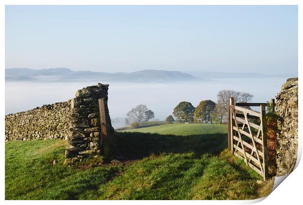 Fog in the valley at sunrise. Troutbeck, Cumbria,  Print by Liam Grant