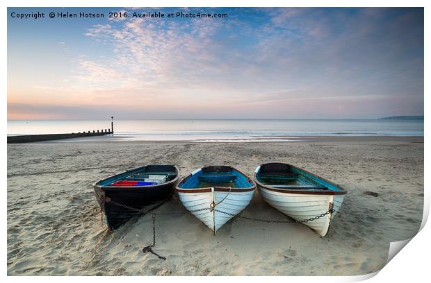 Boats on Bournemouth Beach Print by Helen Hotson