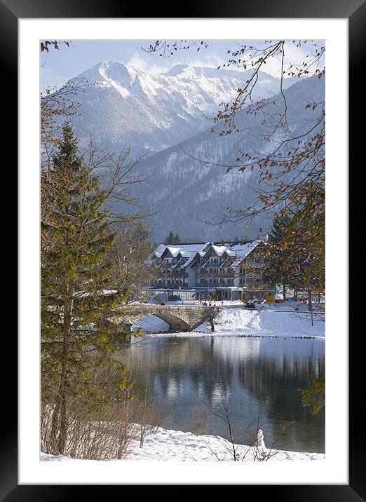 Hotel Jezero seen across Lake Bohinj Framed Mounted Print by Ian Middleton