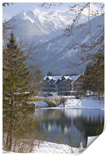 Hotel Jezero seen across Lake Bohinj Print by Ian Middleton