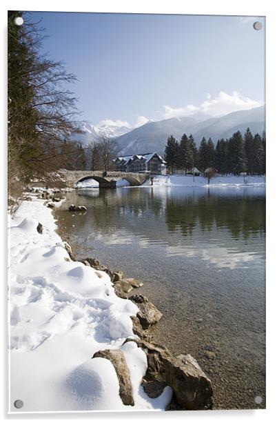 Hotel Jezero seen across Lake Bohinj. Acrylic by Ian Middleton