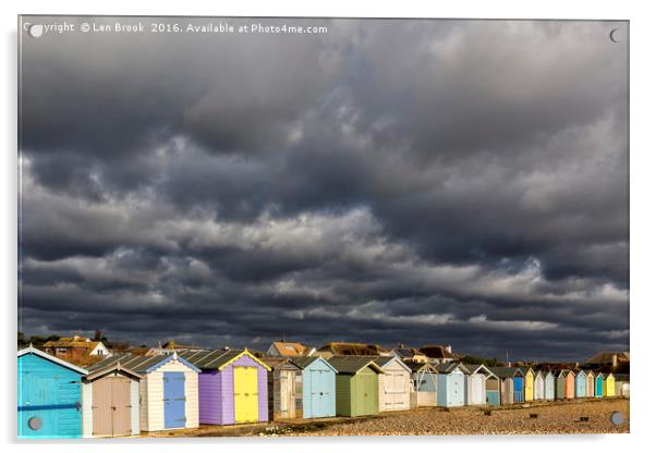 Ferring Beach Huts Under a Brooding Sky Acrylic by Len Brook
