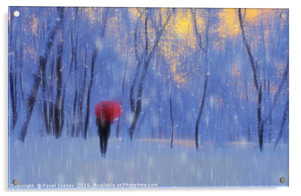 Red umbrella in the snow Acrylic by Pavel Ivanov