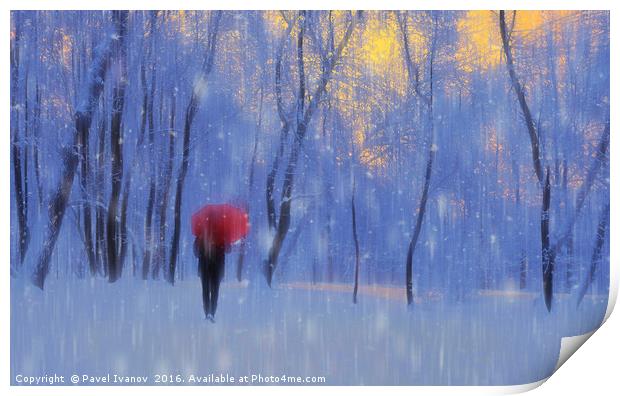 Red umbrella in the snow Print by Pavel Ivanov