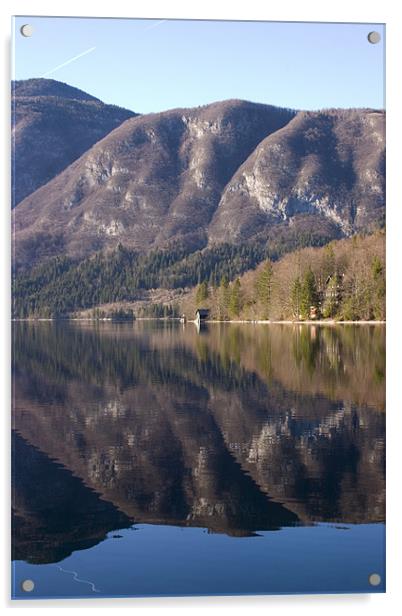 View across Bohinj Lake in Spring, Slovenia. Acrylic by Ian Middleton