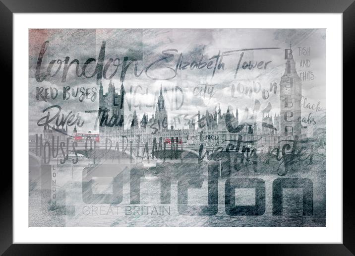 Urban-Art LONDON Houses of Parliament & Red Buses  Framed Mounted Print by Melanie Viola