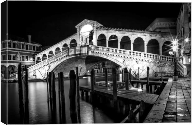 VENICE Rialto Bridge at Night black and white Canvas Print by Melanie Viola