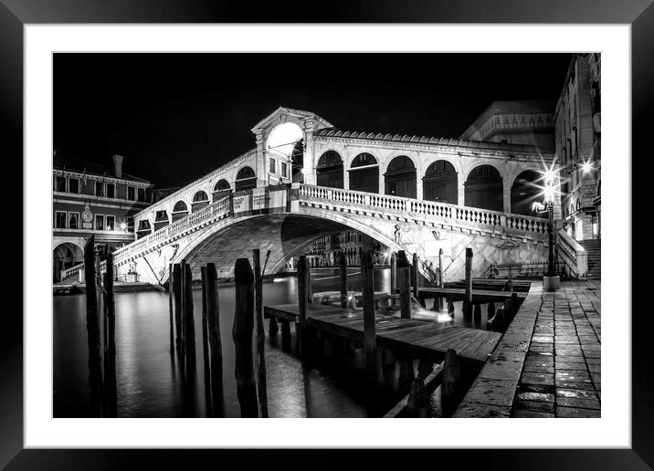 VENICE Rialto Bridge at Night black and white Framed Mounted Print by Melanie Viola