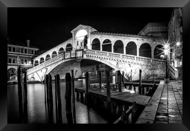 VENICE Rialto Bridge at Night black and white Framed Print by Melanie Viola
