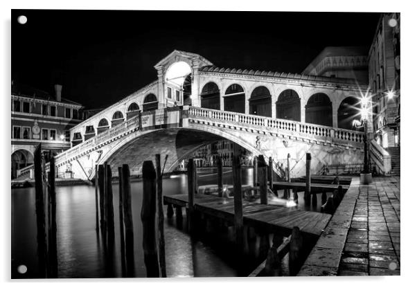 VENICE Rialto Bridge at Night black and white Acrylic by Melanie Viola