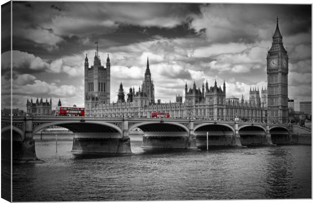 LONDON Houses of Parliament and Red Buses Canvas Print by Melanie Viola