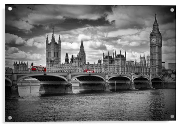 LONDON Houses of Parliament and Red Buses Acrylic by Melanie Viola