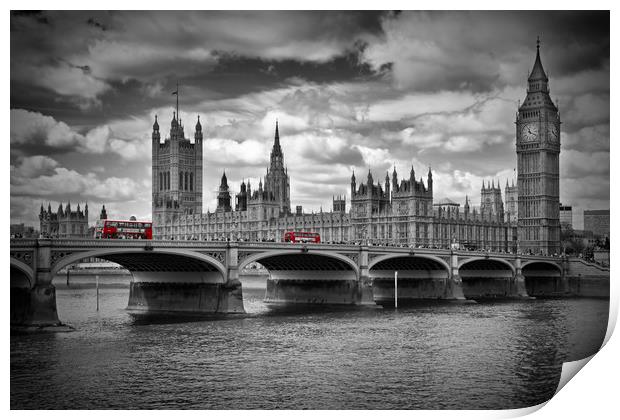 LONDON Houses of Parliament and Red Buses Print by Melanie Viola